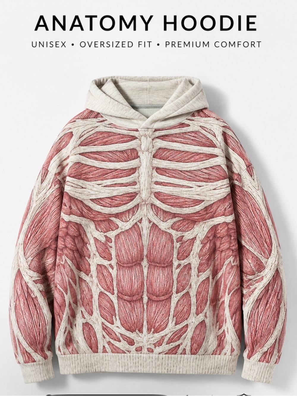 Sz Lg Anatomical Muscle Graphic Hoodie - Light Red/Pink & Cream